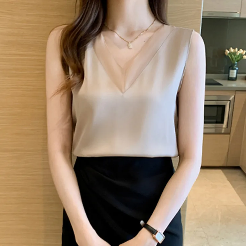Silk Tops for Women Satin Mesh Female Tank Top Sexy V-neck Woman Vest White Basic Plus Size Sleeveless clothing | Женская одежда
