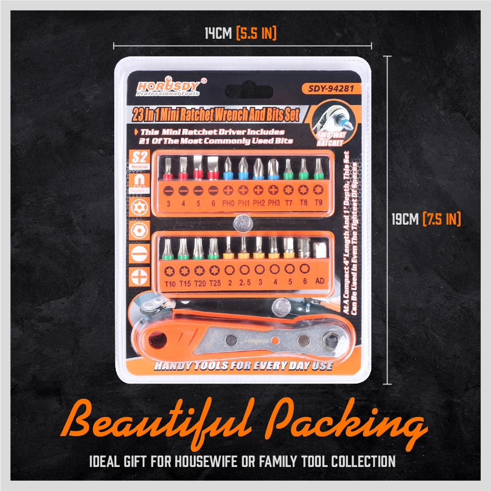 

HORUSDY 23Piece Mini Ratchet Wrench and Bits set easy to hold comfortable and non slip