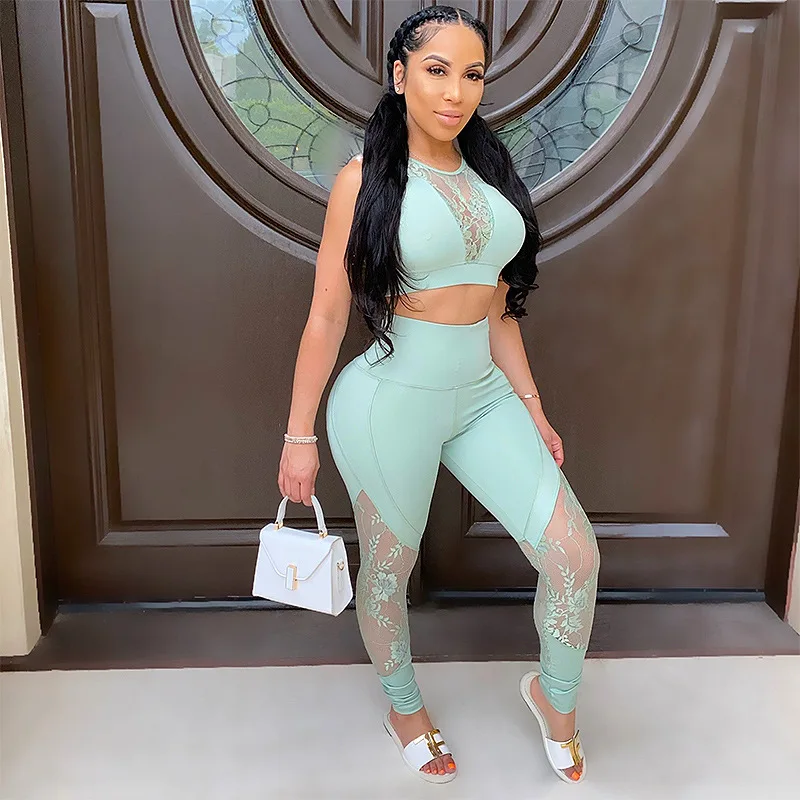 

Sexy outfit in solid colors for summer Lace patchwork sleeveless top and trousers two-piece suit New tight nightclub dresses