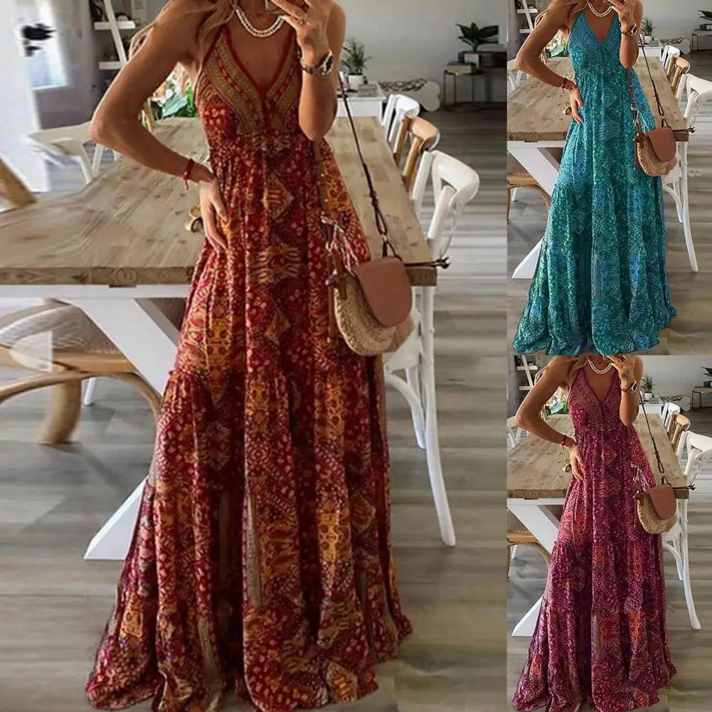 

Summer Women's Dress Beach Vintage Print Spaghetti Strap Bohemian Sleeveless Backless Deep V Neck Dress for Beach