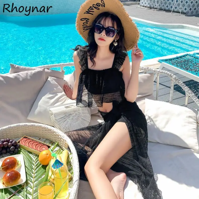 

Bikini Set Women Solid Mesh Off Shoulder Split Lace Backless Sexy Lady Beachwear 3 Pieces Swimsuit Elegant Fairy Fashion Bandage