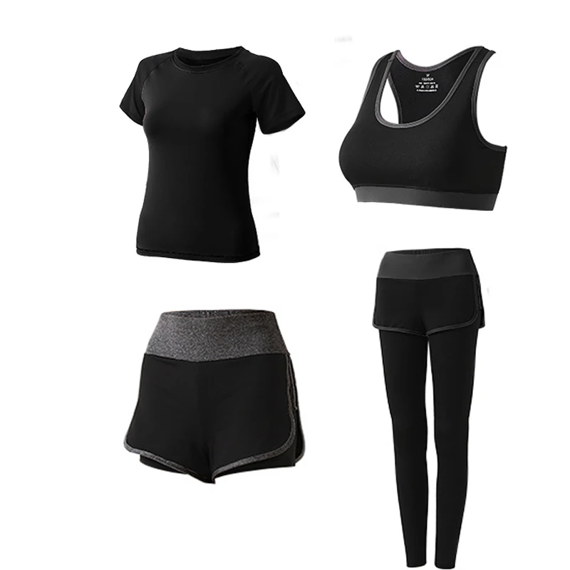5PC Yoga Set Sports Wear For Women Gym Clothing Fitness Leggings Bra Women's Sports Suits Workout Outfit Running Clothes Set - Цвет: Black-4pcs