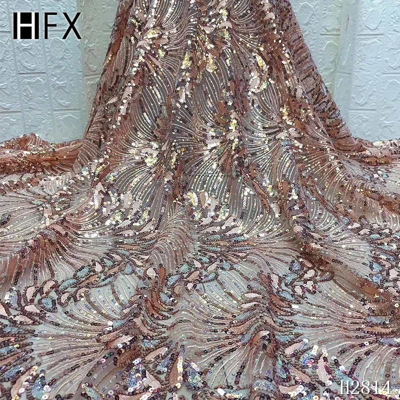 HFX нигерийская кружевная ткань с блестками, блестящая золотая кружевная ткань, африканская кружевная ткань с блестками для вечернего платья F2814