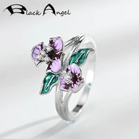 black angel purple enamel flowers rings for women fashion 925 silver cz pink finger ring wedding jewelry wholesale dropshipping