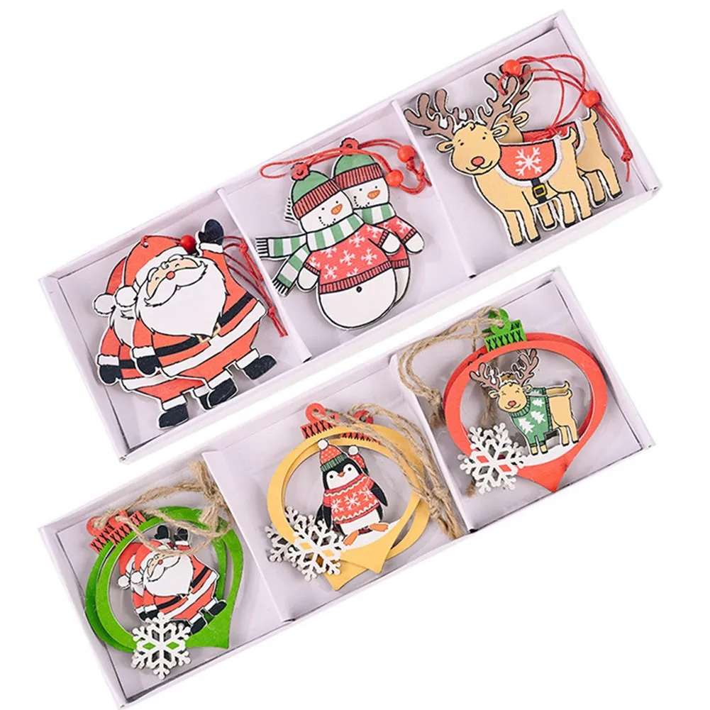 

6Pcs Navidad 2022 Christmas Decorations Santa Claus Hollow Painted Xmas Tree Wooden Ornaments DIY Crafts For Home Decor