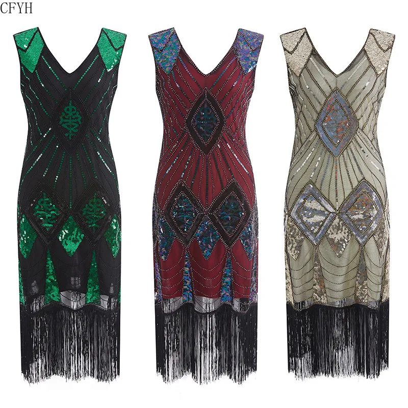Женское платье Чарльстон 1920 х годов миди с блестками и бахромой вышивкой летнее