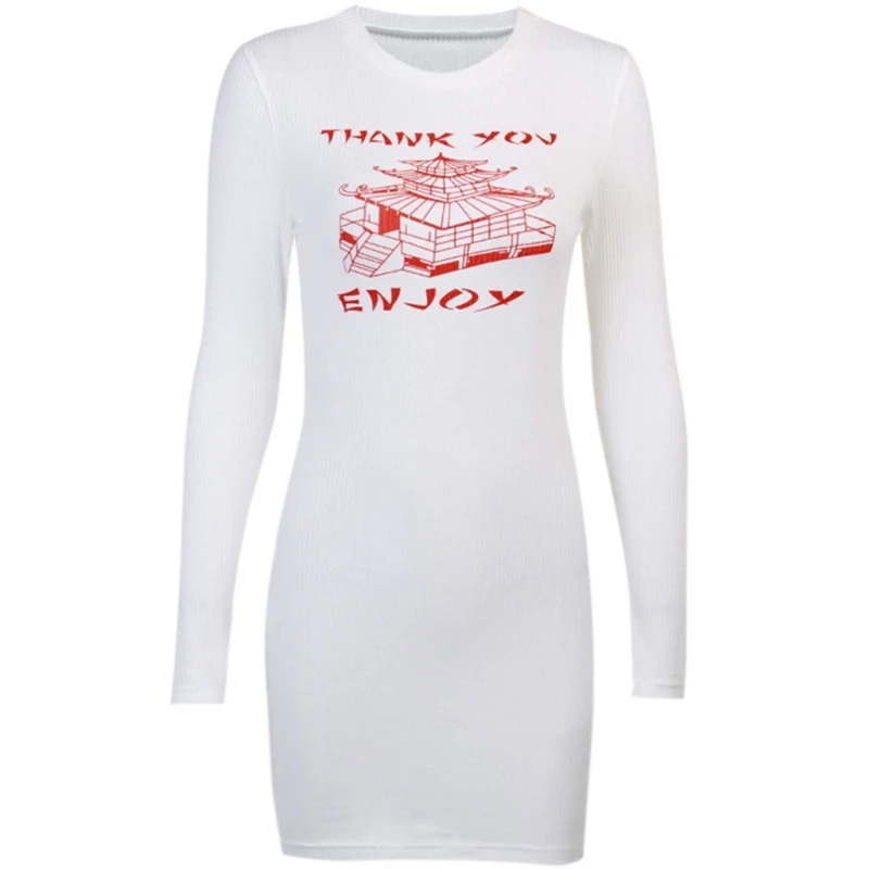 

Women Autumn Long Sleeve O-Neck Bodcyon Mini Dress Ribbed Striped Red Tower Letters Printed Solid Color Package Hip Party