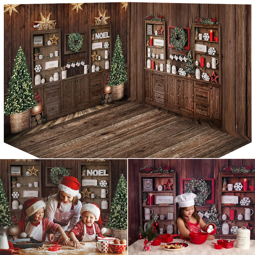 

Christmas Kitchen Room Photography Backdrop Winter Rustic Wood Xmas Birthday Background Christmas Tree Cup Portrait Photo Studio