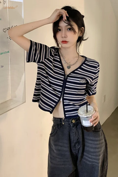 Женская летняя футболка в полоску кардиган на молнии с коротким рукавом короткий