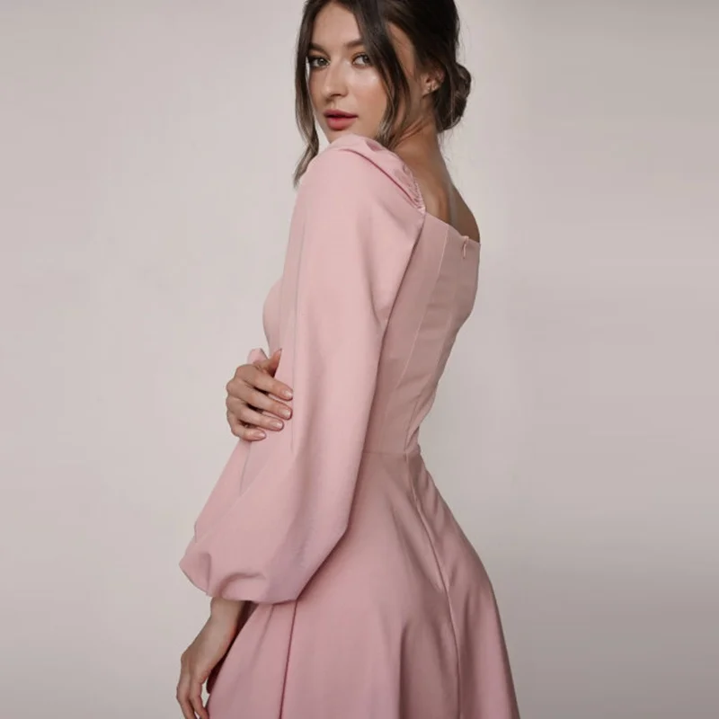 

2021 Vintage Square Collar New Party Dress Woman Lantern Sleeve High Waist Elegant Wedding Mini Dress Fashion