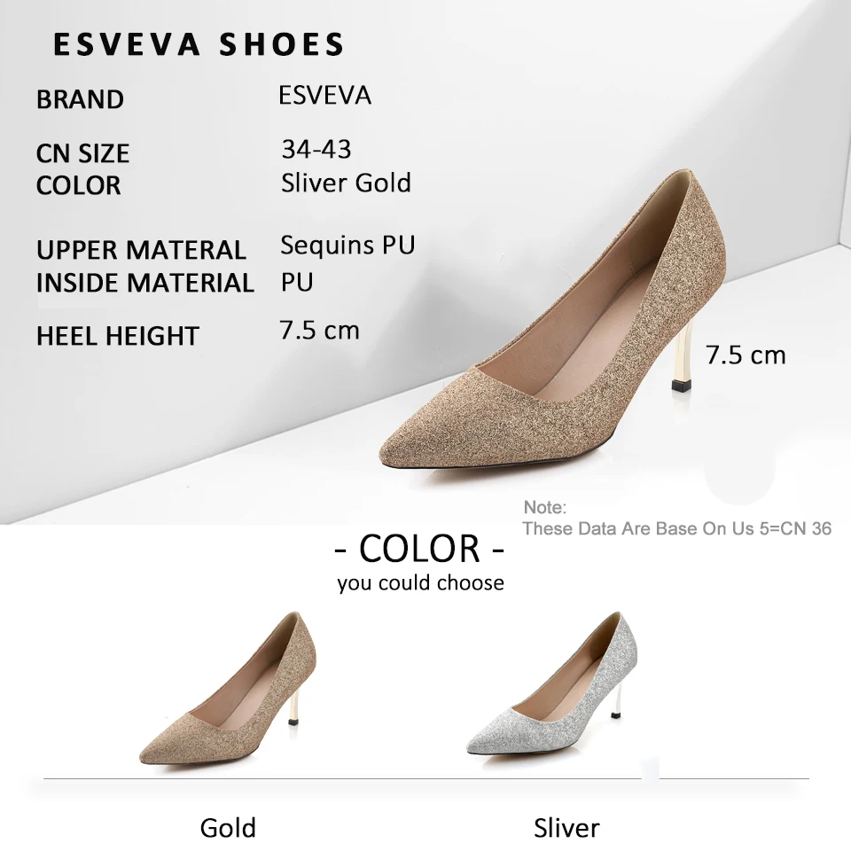 

ESVEVA 2018 Women Pumps All Match Sexy Bling PU Elegant Slip on Thin High Heels Pointed Toe Party Ladies Pumps Shoes Size 34-43