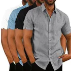 Рубашка мужская приталенная с воротником-стойкой, блузка с короткими рукавами, Повседневная пляжная сорочка, лето
