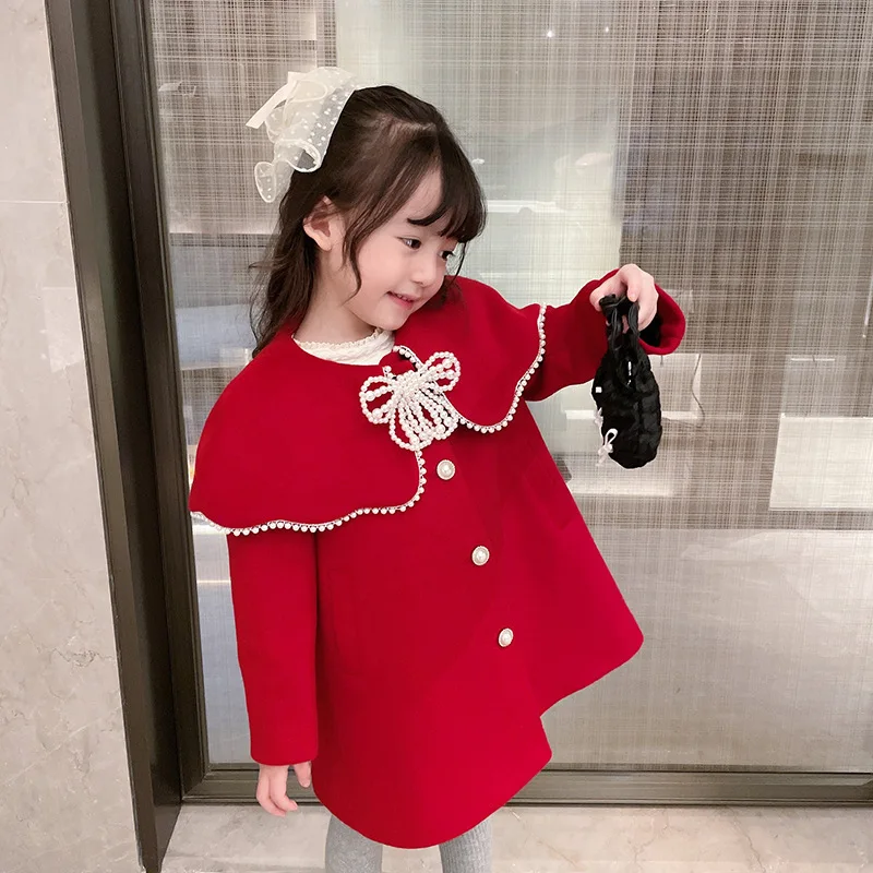 

Girls New Year Clothes Girls Winter Fashion Korean Red Pearl Edge Large Lapel Coat Jacket All-match Clothing for Kids 3-7 Years