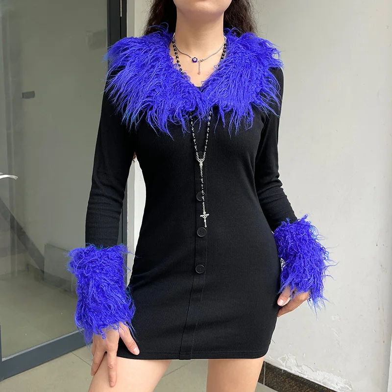 

Furry Bodycon Mini Dresses Women Autumn Long Sleeve Elegant Dress Female Skinny Fuzzy Party Streetwear Winter Fur Christmas Wear