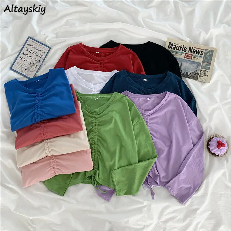 

Футболки с длинным рукавом Женские, 11 цветов, шикарный, милый, простой, укороченный топ для подростков, универсальный, мягкий, осенний, модны...