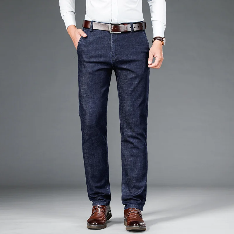 

2021 Classic style Men Brand Jeans Business Casual Stretch Slim Denim Pants Light Blue Black Trousers Male