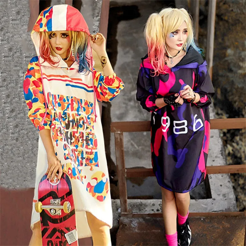 

2020 Women Hooded Long Trench Coat Spring Autumn camouflage letter print irregular rock hip hop Female loose Trench Coats b265