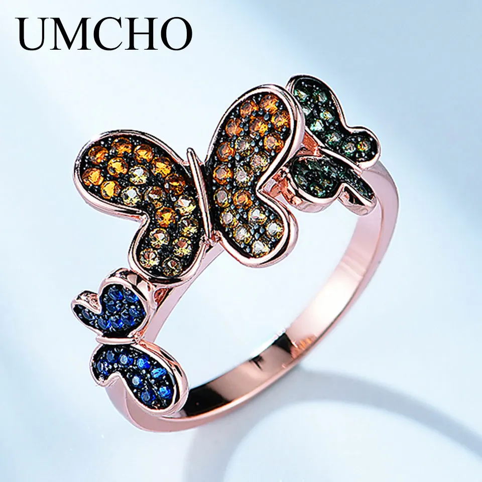 

UMCHO Silver Colorful Cute Butterfly Rings Solid 925 Sterling Silver Rings For Girls Romatic Gift Fine Jewelry