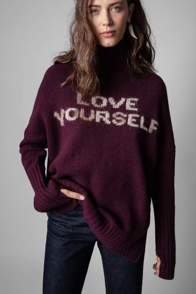 

Женский кашемировый свитер свободного покроя, с высоким воротником и надписью, зима 2021