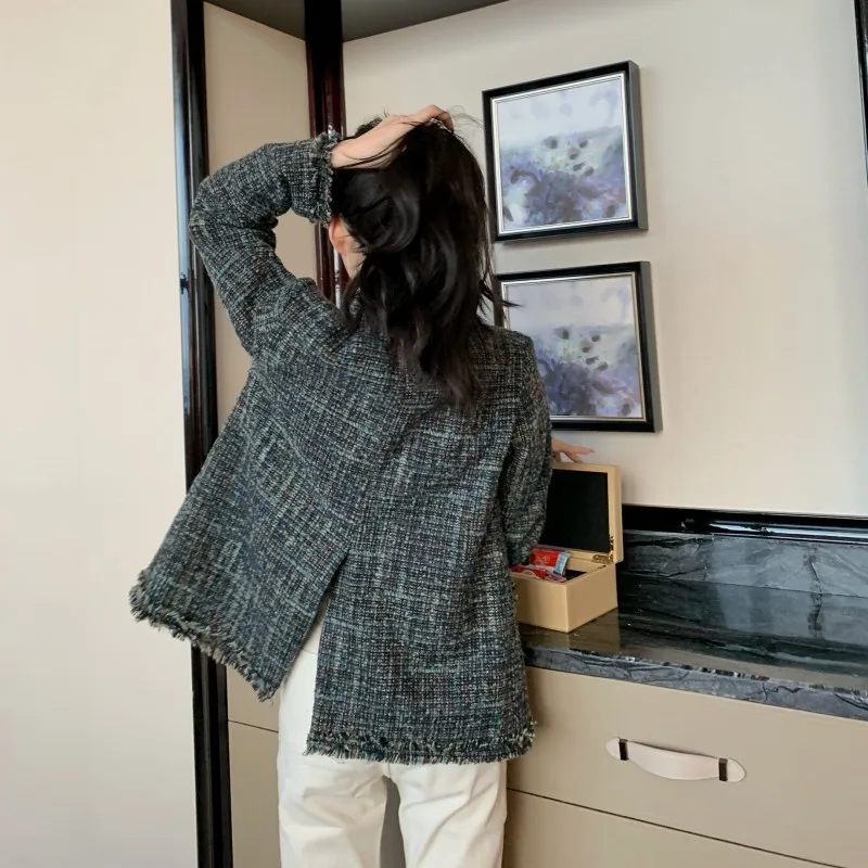 

2021 Autumn New Women Tweed Jacket Brand O-Neck Single Breasted Tassels Twill Coat Office Ladies Loose Suit Tops Party Jackets