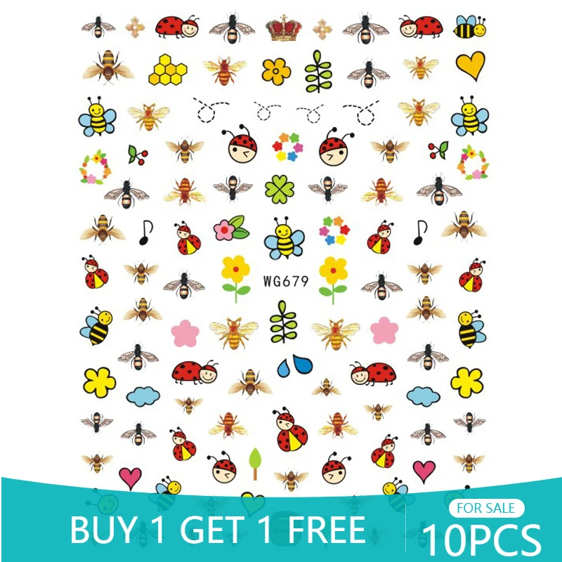 

Наклейки для ногтей с мультяшными животными, 10 шт., тигр, слон, медведь, слайдер для ногтей, роза, цветок, Бабочка, пчела, любовь, самоклеящиеся...