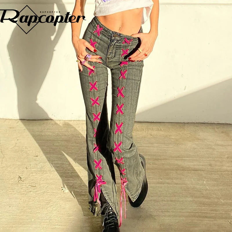 

Rapcopter y2k Lace Up Flare Jeans Retro Low Waisted Split Trousers Women Streetwear Aesthetic Distressed Cargo Pants 2022 New
