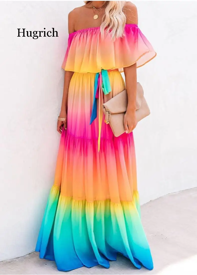 

Off Shoulder Gradient Ombre Color Belt Ruffles Maxi Dress