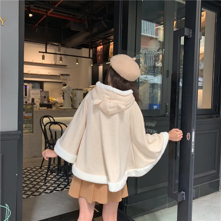 

Autumn And Winter Cute Cat Ears Harajuku Trend Plus Velvet Thickened Student Lolita Female Japanese Soft Girl Warm Cloak Shawl