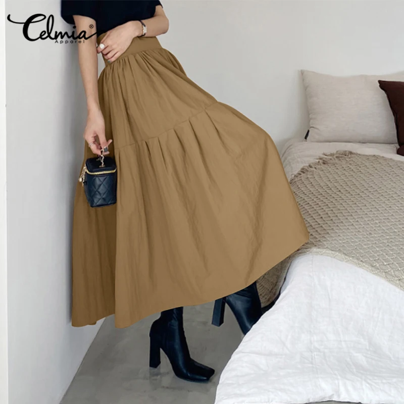 

Celmia 2021 Fashion Women's Party Skirt Holiday Zipper A-line Swing Skirt High Waist Female Pleated Casual Loose Midi Jupes