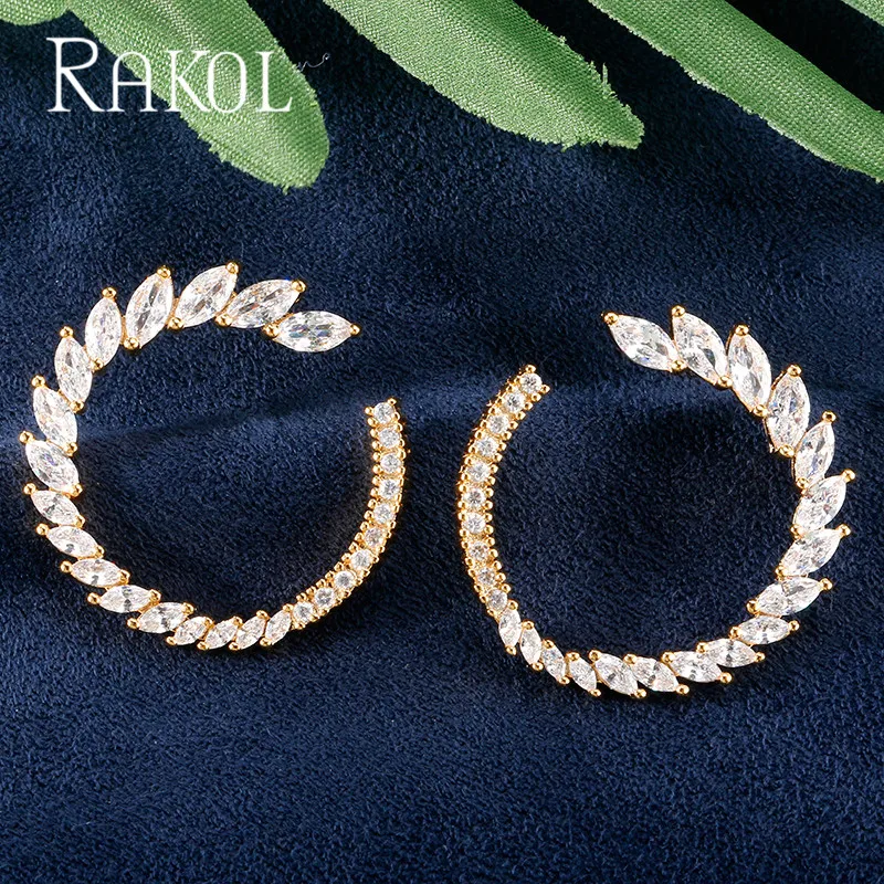 Новые модные брендовые серьги RAKOL, прозрачные круглые серьги с цирконием кубической огранки для женщин в форме листа, CZ ювелирное изделие, подарок