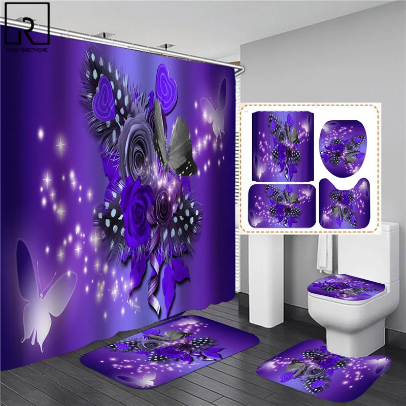 big butterfly beautiful polyester shower curtain 134pcs bathroom waterproof curtains bath mat set toilet lid cover wc supplies free global shipping
