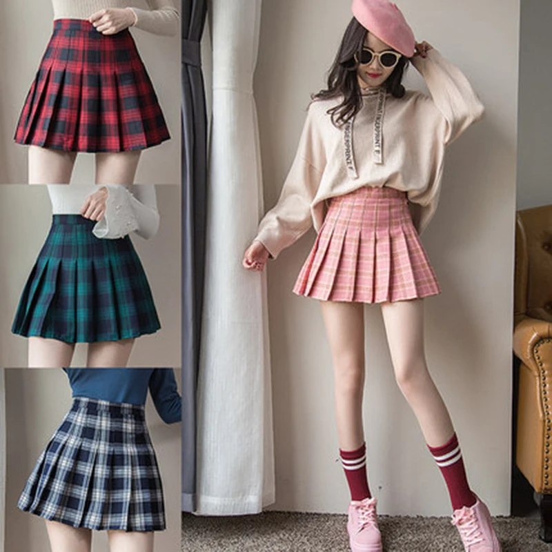 

2021 Women's England Elastic High Waist Tartan Pleated Skirt Autumn summer Slim Mini Skirt Red School Uniform A-Line Skirts
