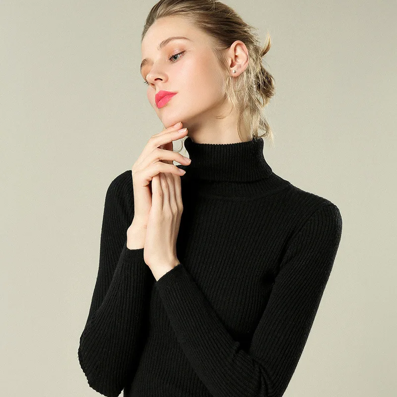 

adies high lapel slim-fit woolen sweater, drawstring pullover, Korean sweater, pure color knitted bottoming shirt