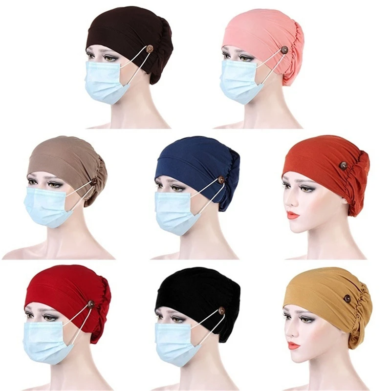 

Practical Button Imitation Muslim Hat Headscarf Hat Casual Solid Color Multicolor Chemotherapy Hat For Female