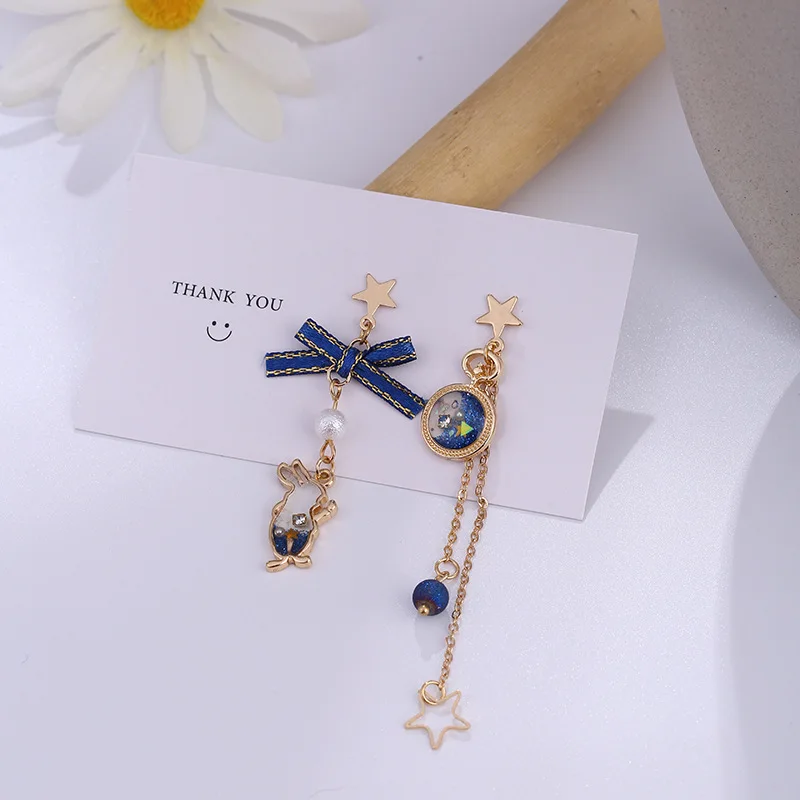 

Rabbit asymmetric bowknot earrings fashion blue dream temperament female grind arenaceous bead long earrings