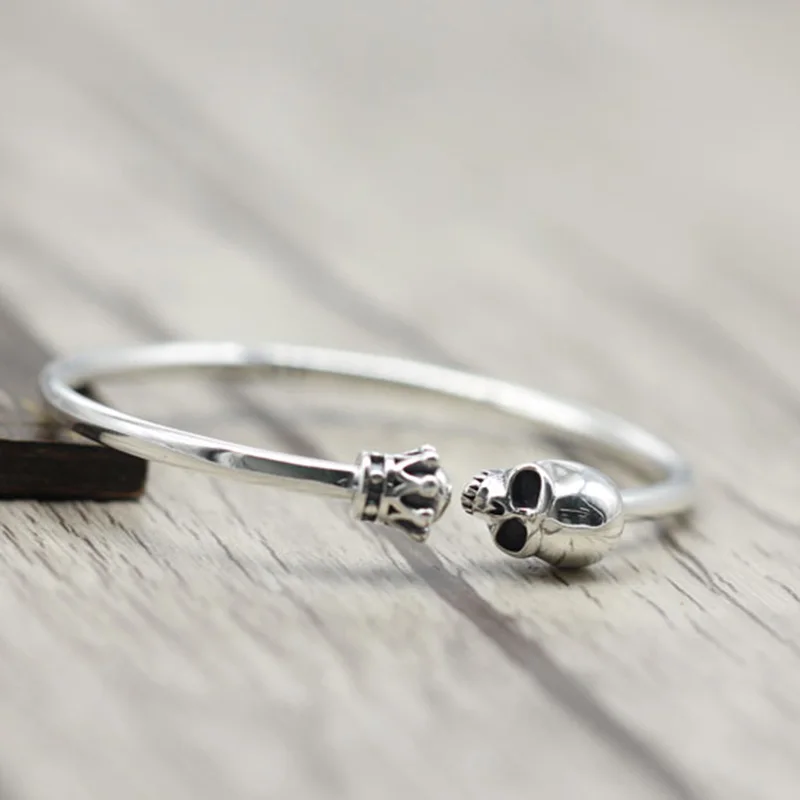 

Real 925 Silver Jewelry Skeleton Cuff Bangles for Women Skull Open Bracelet Thai Silver Retro Simple Crown Female Jewelry