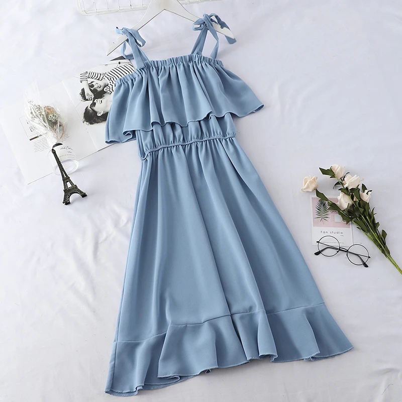 sky blue SKOONHEID с открытыми плечами гофрированное платье Женские однотонные Длинные платья отдыха Элегантные линии Лето рукавов шифон Платье с хлястиками - Цвет: sky blue