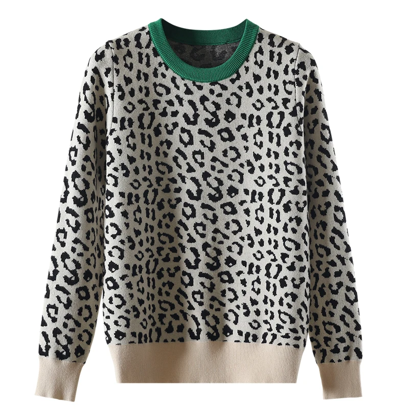 

Autumn winter women sweaters leopard knitted pullovers long sleeve Contrast Color crewneck jumpers sweter mujer