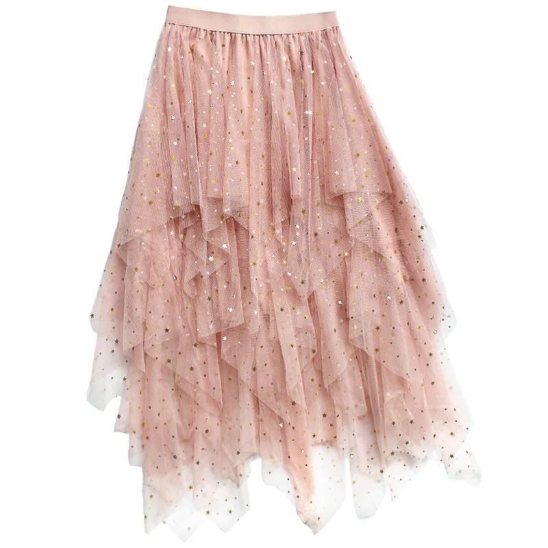 

Chic star sequins gauze fairy skirts irregular soft sister skirt 2021 chun xia cake bitter fleabane bitter fleabane skirt skirt