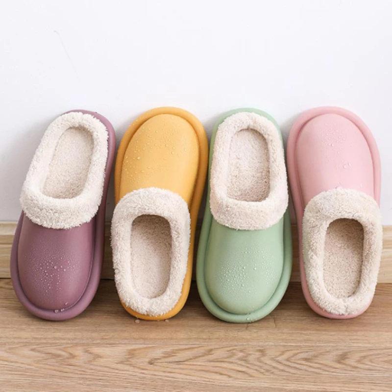 

2021 Waterproof Slippers Women's Indoor Home Non-slip Warm Plush Slippers Thick Bottom Couple EVA Cotton Slippers Autumn Winter