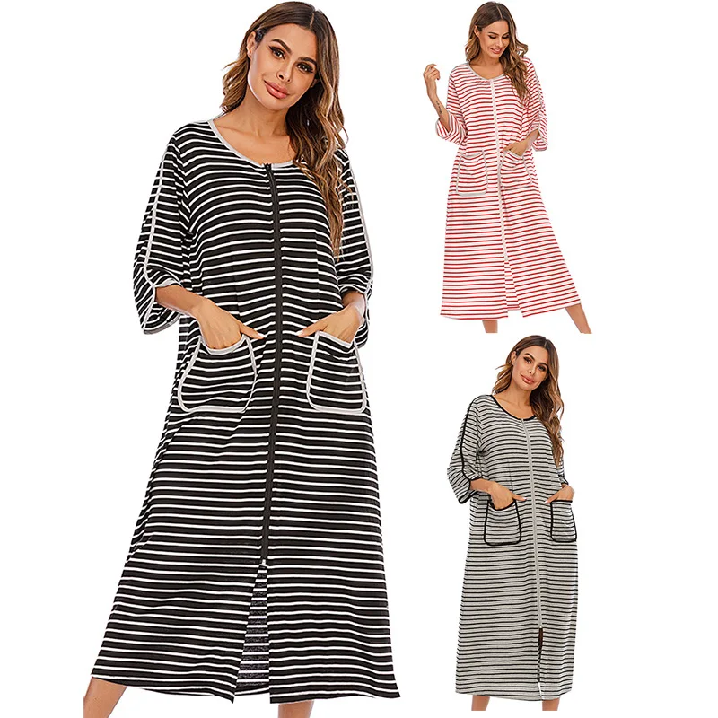 

Dress Woman Three-quarter Sleeve Striped Print Loose Nightdress Female Front Zip Cardigan Nightwear Autumn Loungewear Robes