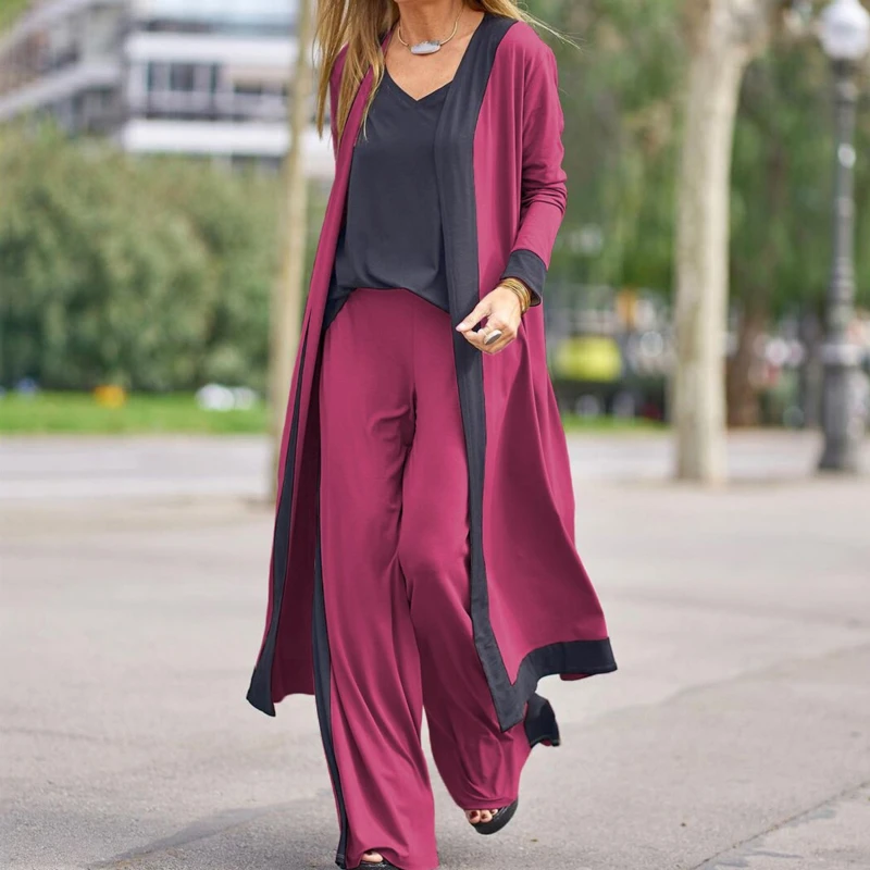 

Elegant Office Lady Three Piece Set Women's Vintage V Neck Vest Tops Cardigan Long Pants Suit Patchwork Outfits Female Autumn
