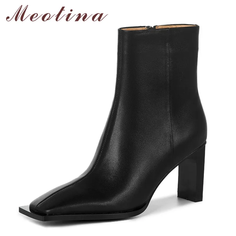 

Meotina Short Boots Women Shoes Genuine Leather High Heel Ankle Boots Square Toe Block Heels Zip Boots Lady Autumn Winter Black