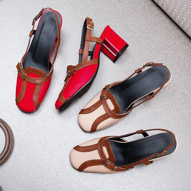 

COOLULU 2020 Patent Leather Women Pumps Multicolor Mid Block Heel Pumps Ladies Slingback Square Toe Spring Pumps Size 33-46