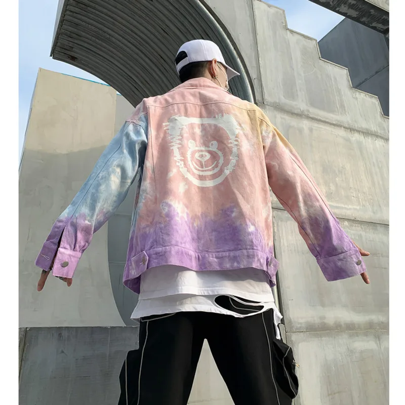 

Spring Couple Denim Cotton Jacket Women Fashion Color Rendered Bear Print Casual Coat Harajuku Energetic Streetwear Veste Femme