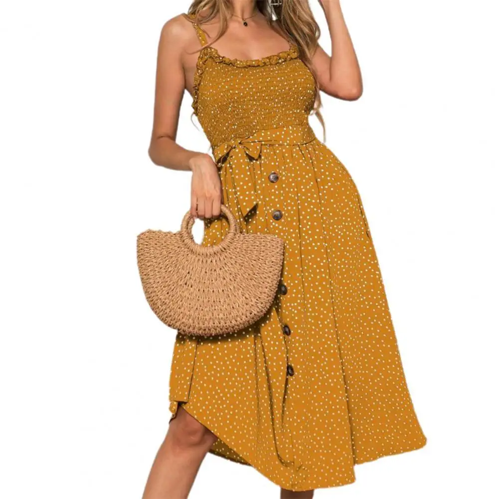 

Женское платье на бретельках-спагетти, свободное вечернее платье средней длины с рюшами, пуговицами и принтом в горошек, с низким вырезом, н...