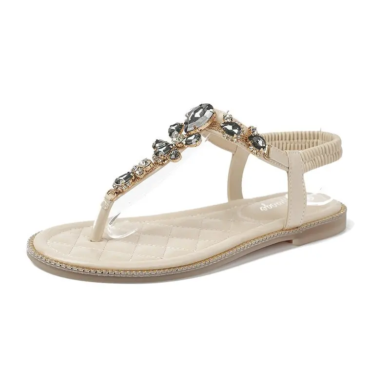 

Rhinestone Sandals Female Shoe Slip-on Loafers Summer Women's All-Match Strappy Heels Flip Flops Platform Girls Elastic Band Bea