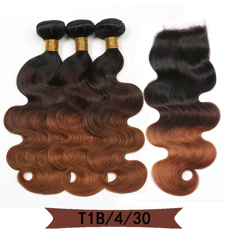 Код Calla Ombre цвет тела волна Связки с 4*4 Кружева Закрытие Необработанные бразильские необработанные девственные человеческие волосы Weft расширение - Цвет: T1B/4/30