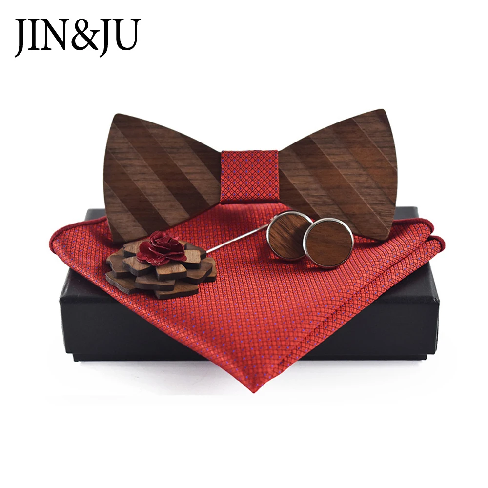 

JIN&JU 2019 The Newest Wooden Bow Tie Round Shaped Cufflinks Square Scarf Handmade Flower Wooden Broochs For Mens