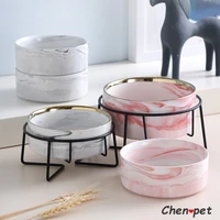 luxury marble ceramic bowl raised cat dog food bowl pink golden food water feeder with stand nordic design pet supplies